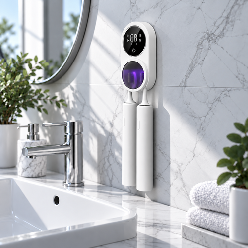 Violé UV-C toothbrush sterilizer mounted on a marble bathroom wall, holding two white electric toothbrushes